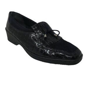 Ara Rachel Black Croc Embossed Leather Kiltie Fringe Slip On Loafers Womens 9.5